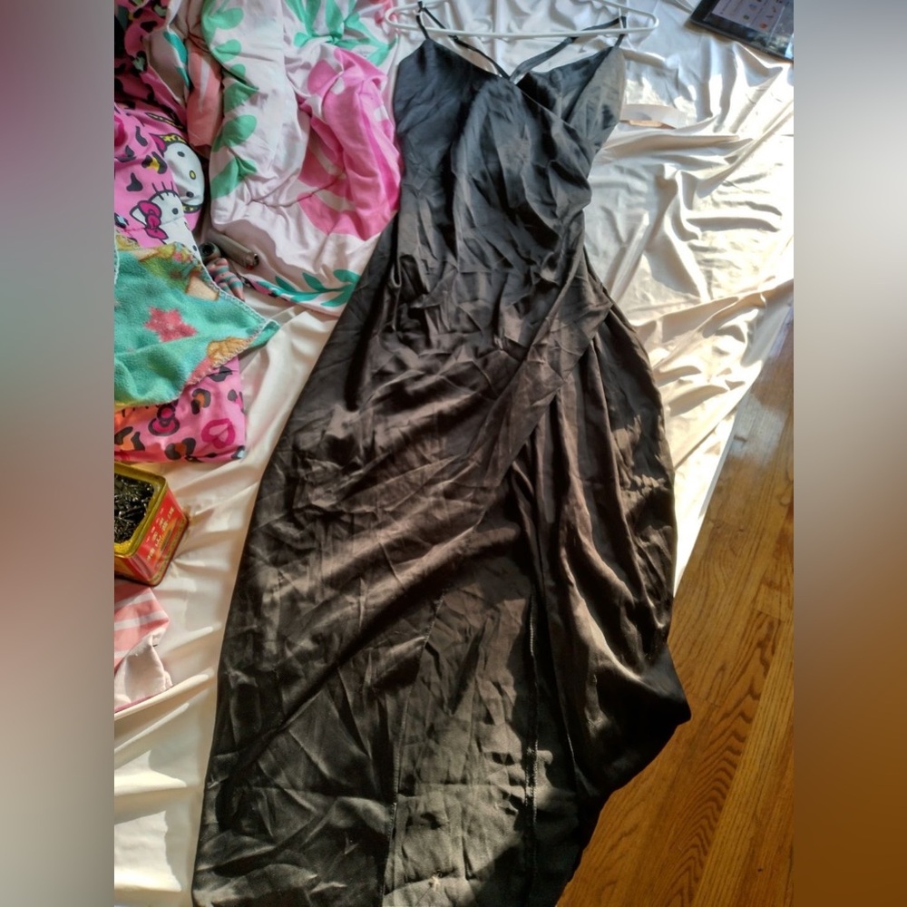 Inspired hearts long black crossback dress with side slit